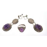 Chinese white metal earrings and matching ring with carved amethysts