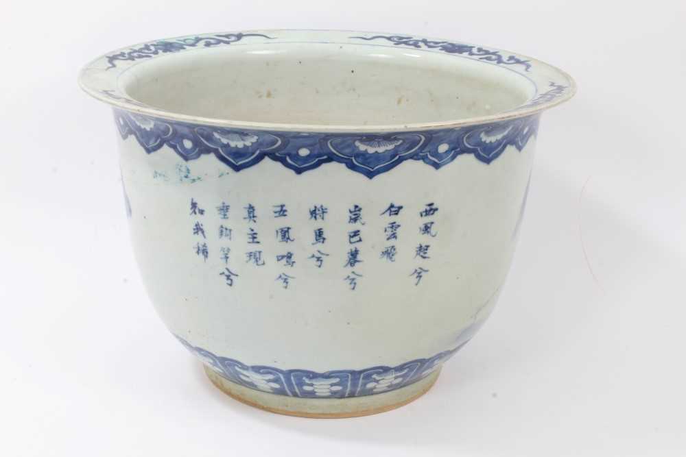 Large early 20th century Chinese blue and white jardiniere, painted with figural scenes and calligra - Image 4 of 10