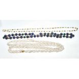 Gold and hematite bead necklace, lapis lazuli and malachite bead necklace and a freshwater cultured