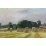 Charles Debenham (b.1933) oil on board - hay stacks, signed, framed, 19cm x 25cm