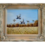 Mark Chester - Over the Stubble - English Partridges, oil on board, pair of