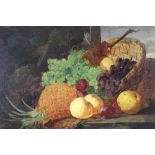 Attributed to E. H. Stannard 91829-1915) oil on canvas - still life fruit in a basket on a ledge, in