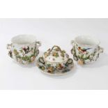 Meissen floral encrusted pot and cover on stand, together with pair of Dresden bough pots