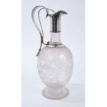 Victorian etched glass claret jug with silver plated mount