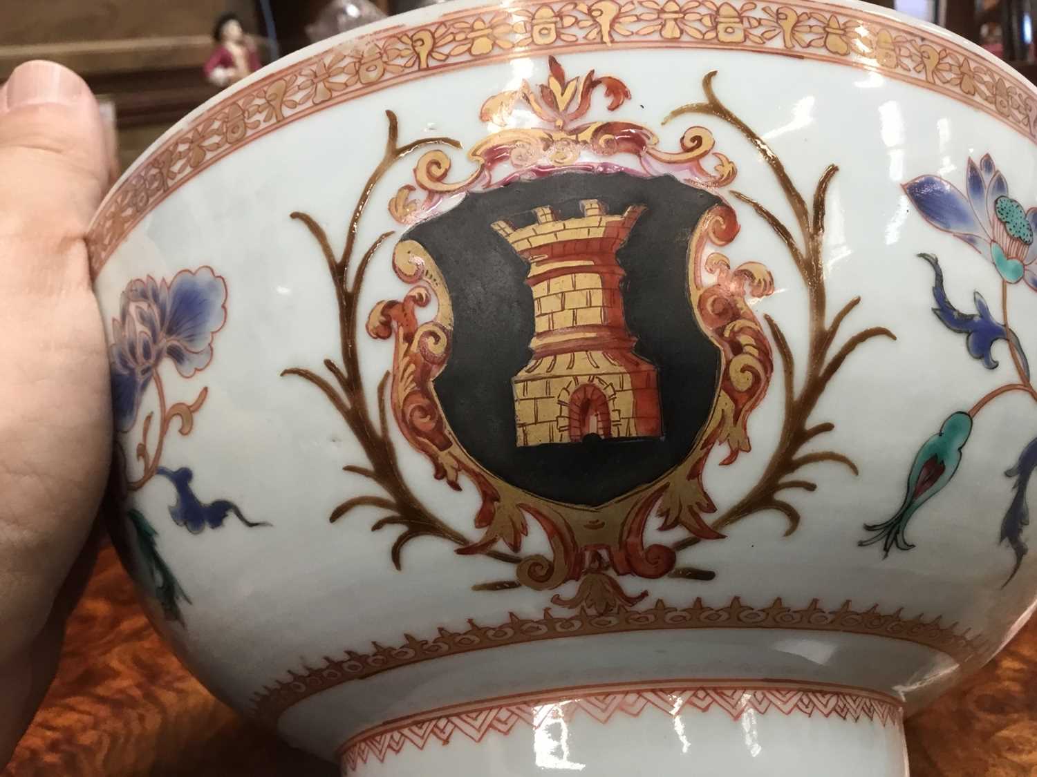 Chinese famille rose armorial porcelain bowl, circa 1728, with the arms of Tower, of Huntsmore Park, - Image 4 of 10