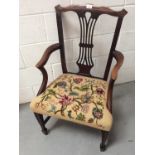 George III mahogany Chippendale influence elbow chair with pierced vase shape splat back, scroll arm