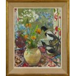 Jenny Chorley (1902-1996) oil on board, still life with magpies