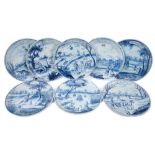 Set of eight 19th century Dutch delft calendar plates, hand painted with various scenes, mark to bas