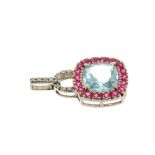 Blue topaz, ruby and diamond pendant in 14ct white gold setting