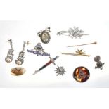 Paste set brooches, three regimental officer's sweetheart brooches and other brooches and costume je