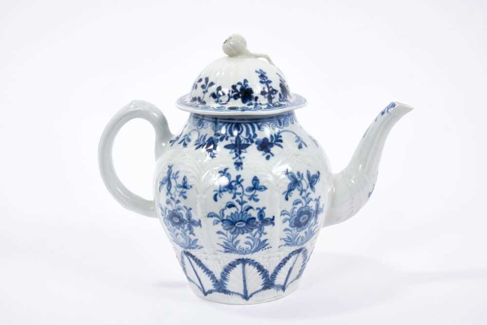Liverpool Christians blue and white teapot, circa 1770, feather moulded and painted with panels of f