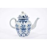 Liverpool Christians blue and white teapot, circa 1770, feather moulded and painted with panels of f