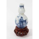 Chinese miniature blue and white vase of gourd form on stand