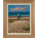 *Andrew King (b 1956) oil on board, figures on a beach, signed, framed