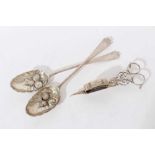Pair George III silver candle snuffers and pair of berry spoons