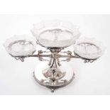 Fine quality late Victorian silver plated table centre with three cut glass bowls