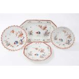 Four 18th century English porcelain dishes, all probably Bow, decorated in the Kakiemon style with t