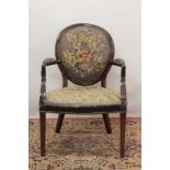 Late 19th / early 20th century mahogany and floral embroidery upholstered open armchair