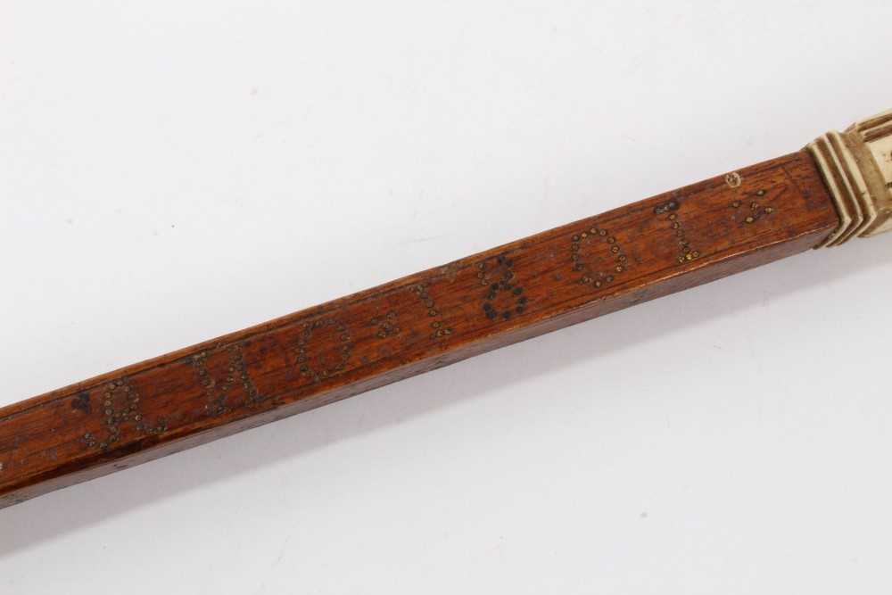 Unusual wood and bone cane with metal inlaid ornament dated 1801 - Image 4 of 7