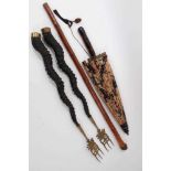 Japanese parasol. pair of ibex horn toasting forks and Japanese carved bamboo walking stick