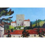 David Britton , contemporary, oil on board - Town in Tuscany, signed, framed, 60cm x 90cm