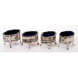 Two pairs of silver Neo-Classical silver salts with blue glass liners