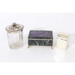 Late Regency silver mounted jar, silver playing card case and a hard-stone box.