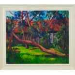 David Britton , contemporary, oil on board - Peldon Sheds and Willows, signed, framed 60cm x 70cm