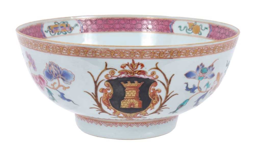 Chinese famille rose armorial porcelain bowl, circa 1728, with the arms of Tower, of Huntsmore Park,