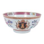 Chinese famille rose armorial porcelain bowl, circa 1728, with the arms of Tower, of Huntsmore Park,