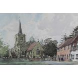 Stanley Orchart (1920-2005) watercolour - village church, signed and titled, in glazed frame