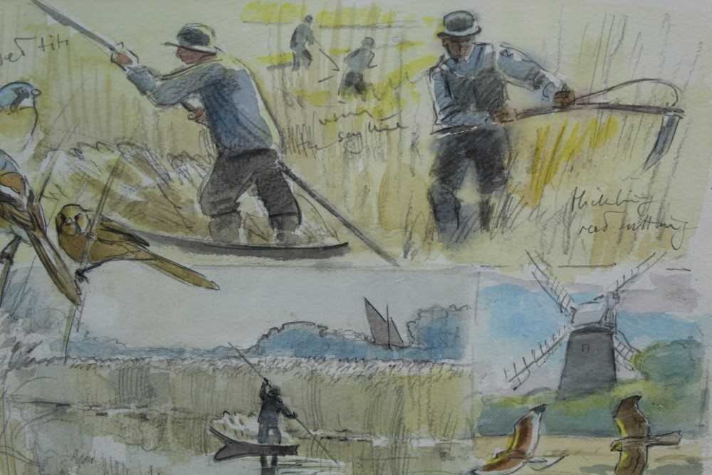 Peter Partington , contemporary, pencil and watercolour sketches - On The Broads, signed and inscrib