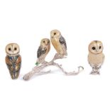 Group of three Saturno enamelled silver owl figures