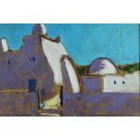 David Britton , contemporary, oil on board - Mosque with Steps, Tunisia, signed, framed, 60cm 73cm