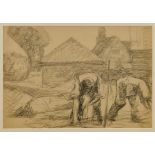 Harry Becker (1865-1928) lithograph - Labourers before a Farmstead, in glazed frame, 37cm x 54cm