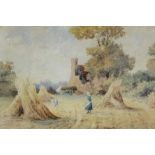 Thomas Stevens (early 20th century) - Harvesting in Sussex, signed, 20 x 28cm