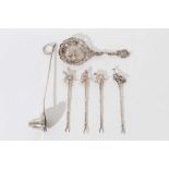 Set of four silver pickle forks, together with a Dutch spoon, and a candle snuffer