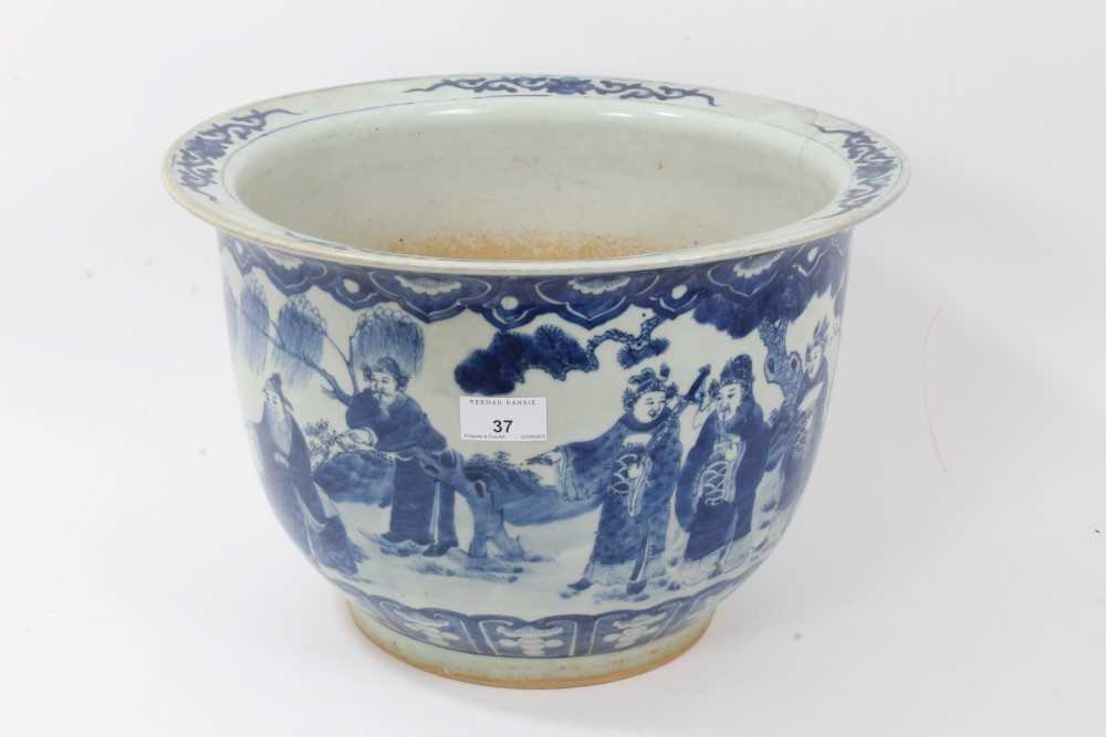 Large early 20th century Chinese blue and white jardiniere, painted with figural scenes and calligra