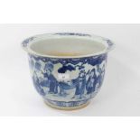 Large early 20th century Chinese blue and white jardiniere, painted with figural scenes and calligra
