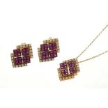 Pair of ruby and diamond earrings and matching pendant in yellow 18ct gold setting