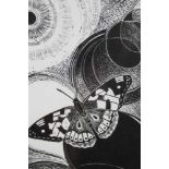 Yvonne Skargon (b. 1931), woodcut print - Butterfly and circles, signed and numbered 8/50, 10 x 14cm