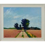 David Britton , contemporary, oil on board - Path to Bluebell Wood, Suffolk, signed, framed, 64cm x