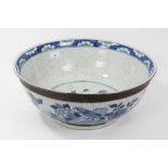 Large late 19th/early 20th century Chinese crackle glaze blue and white bowl, painted with birds and