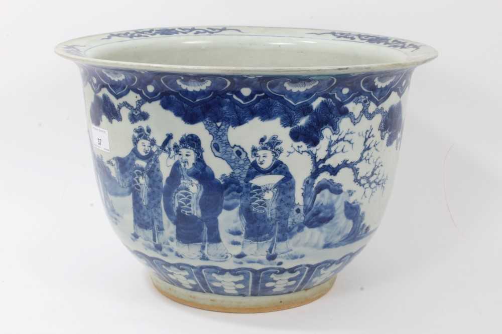 Large early 20th century Chinese blue and white jardiniere, painted with figural scenes and calligra - Image 2 of 10