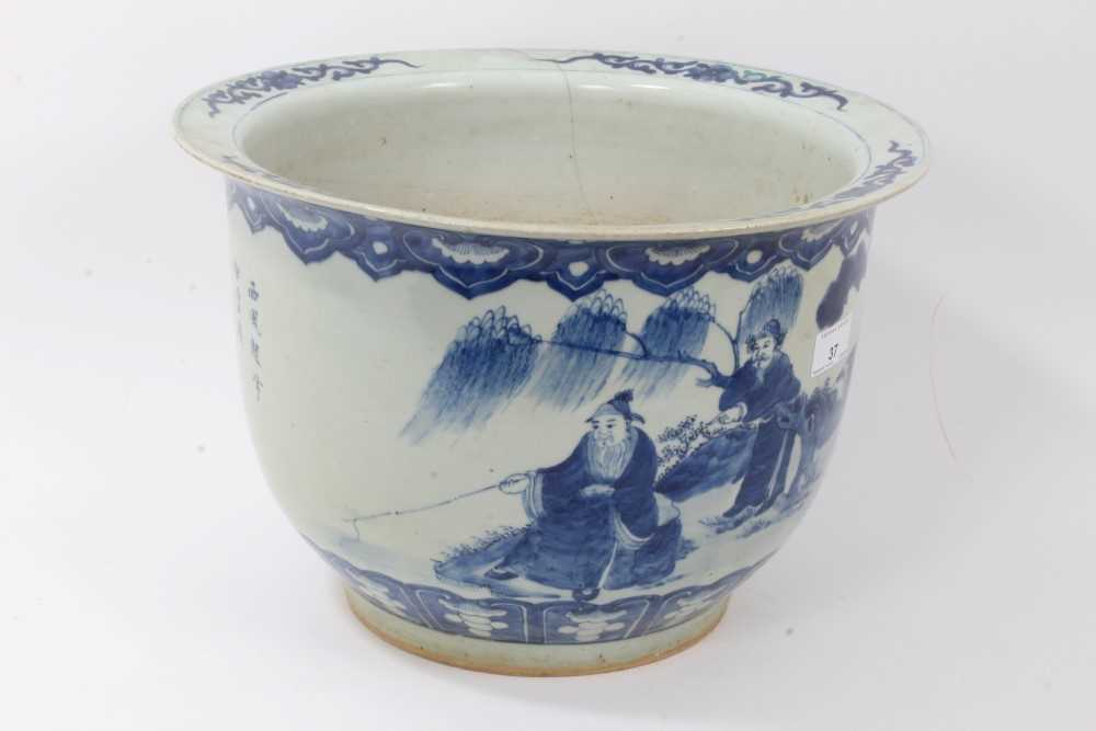 Large early 20th century Chinese blue and white jardiniere, painted with figural scenes and calligra - Image 6 of 10