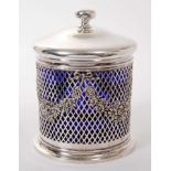 American Silver Biscuit Barrel with blue glass liner, marked Sterling