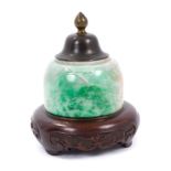 Jadeite lidded pot with metal cover on stand