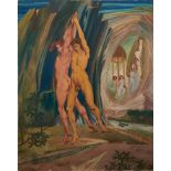 Francis Plummer (1930-2019) oil on board - figures in fantastical landscape, unframed, 128cm x 100cm