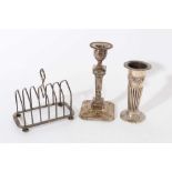 Edwardian silver candlestick, spill vase, toast rack
