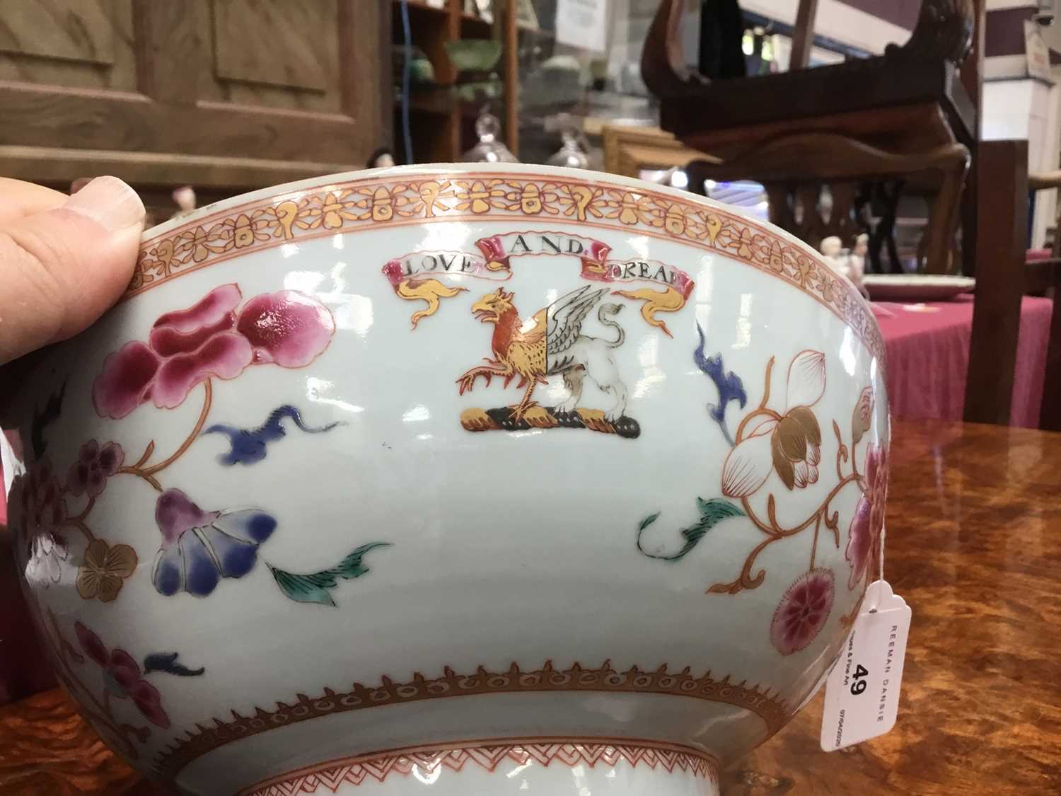 Chinese famille rose armorial porcelain bowl, circa 1728, with the arms of Tower, of Huntsmore Park, - Image 6 of 10